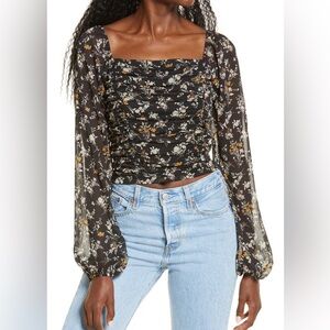 All in Favor Floral Print Ruched Black Mesh Long Sleeve Top